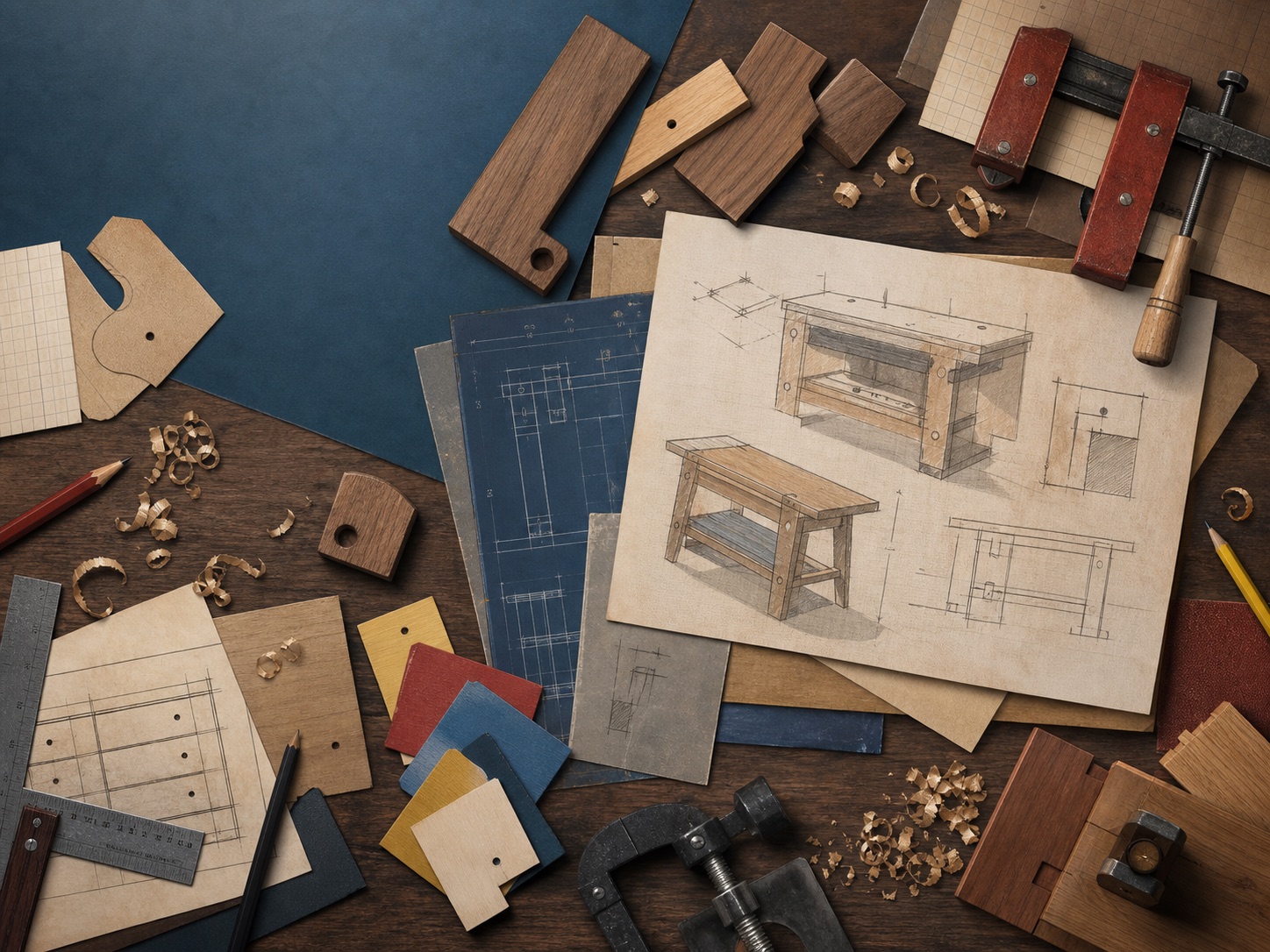 A creator workbench with tools and materials